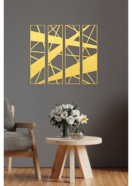 Çizgiler Temalı Geometrik Modern Dekoratif Ahşap4'lü Tablo, Duvar Dekoru