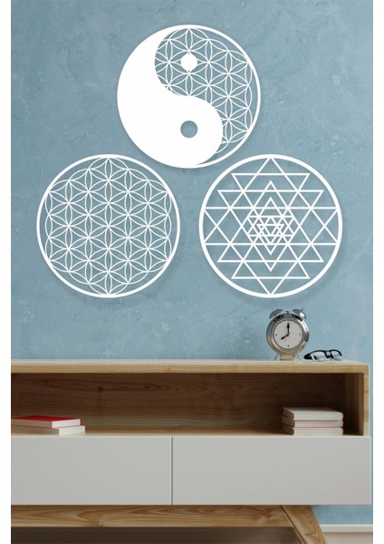 Yaşam Çiçeği Sri Yantra ve Yin Yang 3'lü Set Duvar Tablosu