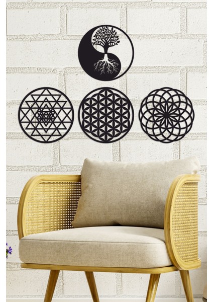 Yaşam Çiçeği, Sri Yantra, Torus ve Yin Yang 4'lü Set Duvar Tablosu