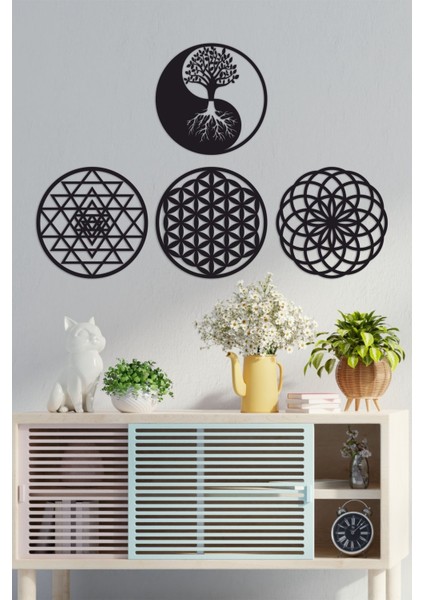 Yaşam Çiçeği, Sri Yantra, Torus ve Yin Yang 4'lü Set Duvar Tablosu