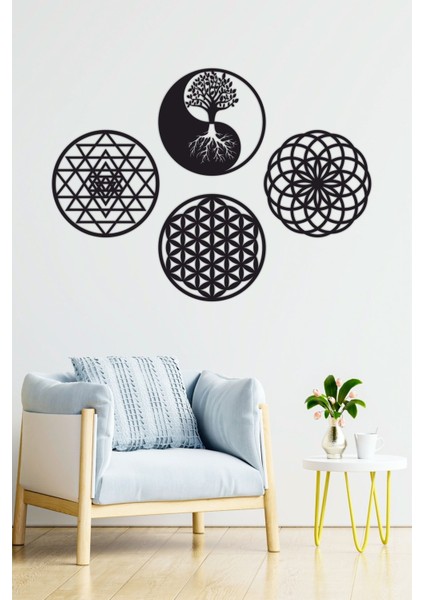 Yaşam Çiçeği, Sri Yantra, Torus ve Yin Yang 4'lü Set Duvar Tablosu