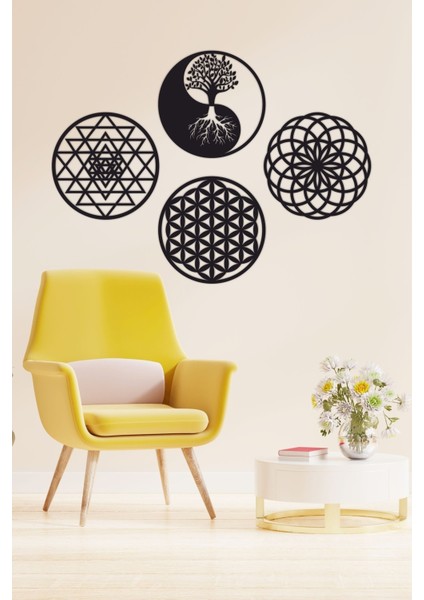 Yaşam Çiçeği, Sri Yantra, Torus ve Yin Yang 4'lü Set Duvar Tablosu
