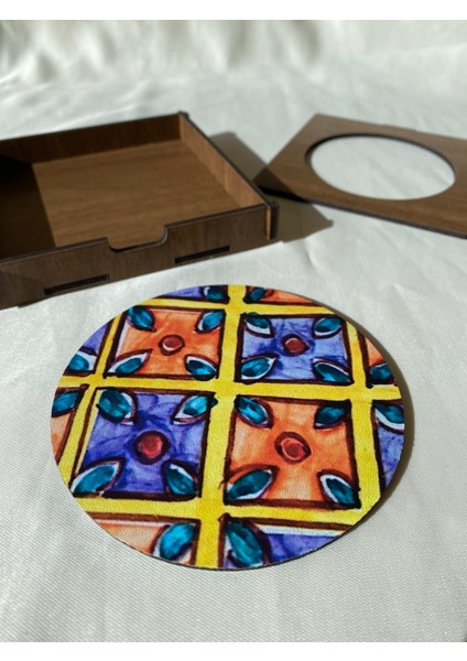 Çini Desenli 4'lü Set Ahşap Bardak Altlığı V2