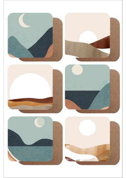 Boho Temalı 6'lı Ahşap Bardak Altlığı Seti