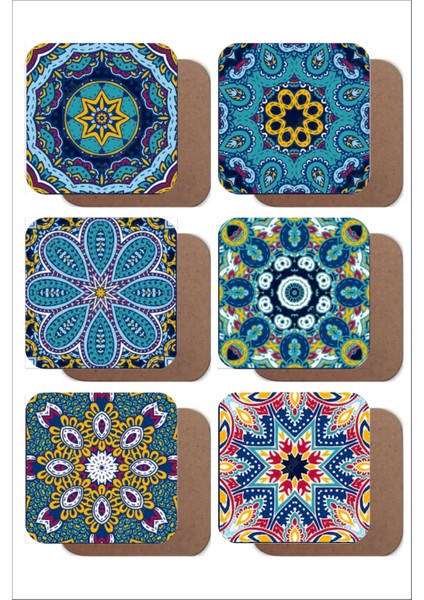 Mandala Temalı Vintage 6'lı Ahşap Bardak Altlığı Seti