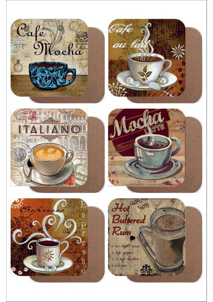 Kahve Temalı Retro /vintage 6'lı Ahşap Bardak Altlığı Seti
