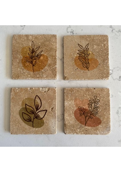 Taş Bardak Altlığı Stone Coasters - 4 Lü Set Modern Bohomian Temalı