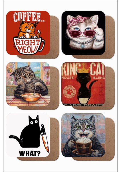 Kedi Temalı 6'lı Ahşap Bardak Altlığı Seti