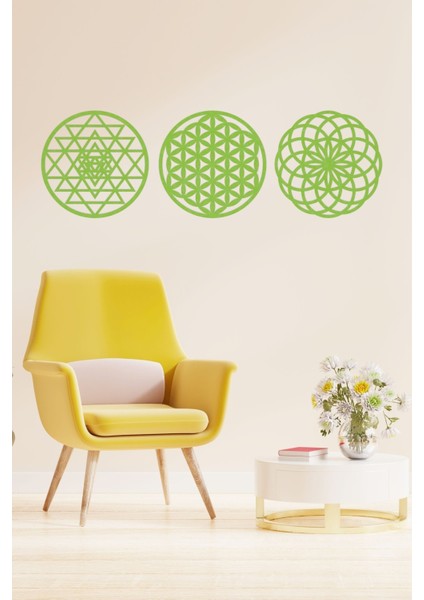 Ahşap Yaşam Çiçeği Sri Yantra Torus Nefesi Üçlü Dekoratif Tablo Duvar Süsü Ev Hediyesi