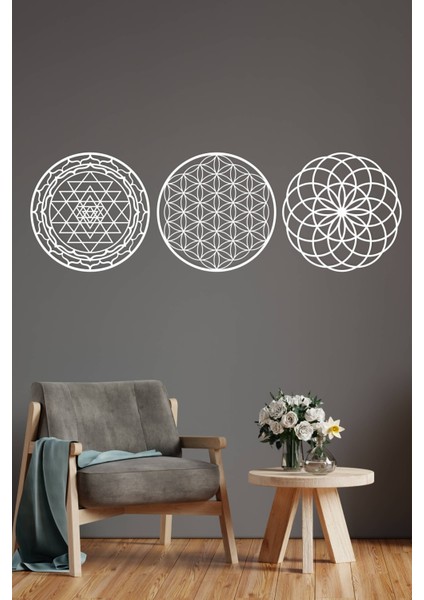 Beyaz 3'lü Yaşam Çiçeği Sri Yantra ve Torus 3'lü Set Duvar Tablosu