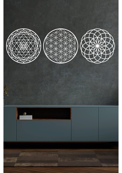 Beyaz 3'lü Yaşam Çiçeği Sri Yantra ve Torus 3'lü Set Duvar Tablosu fiyatları