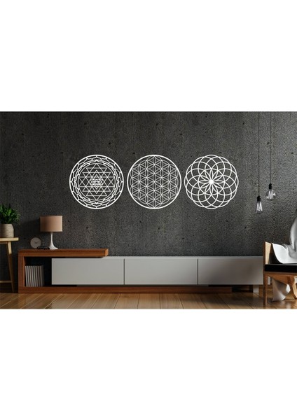 Beyaz 3'lü Yaşam Çiçeği Sri Yantra ve Torus 3'lü Set Duvar Tablosu modelleri