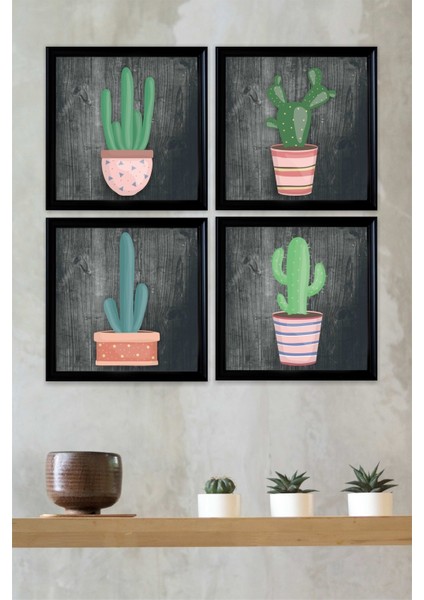 Çerçeve Görünümlü 4 Lü Renkli Kaktüs Tablo Seti