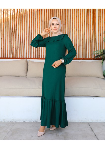 Kolu Lastikli Fırfır Detay Tesettür elbise-3161 Zümrütyeşili