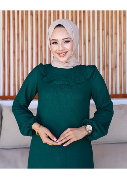 Kolu Lastikli Fırfır Detay Tesettür elbise-3161 Zümrütyeşili fiyatları