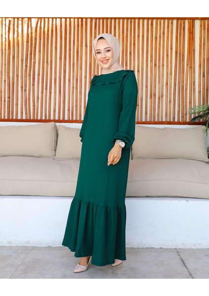 Kolu Lastikli Fırfır Detay Tesettür elbise-3161 Zümrütyeşili modelleri
