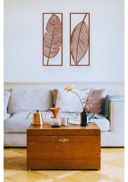 Kahverengi Dekoratif Ahşap Yaprak Temalı Duvar Dekoru - Süsü, Tablo - 2'li