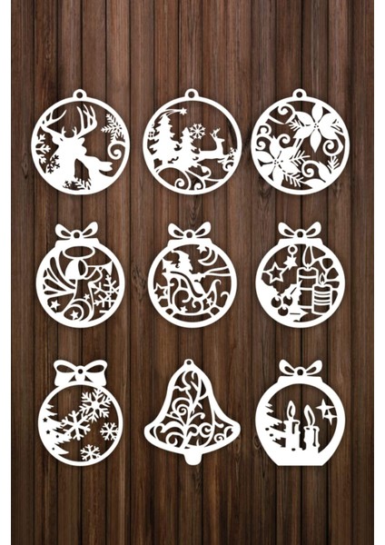 Ahşap Beyaz Yılbaşı Ağacı Süsleri ( 9 Lu Set)-1 Beyaz