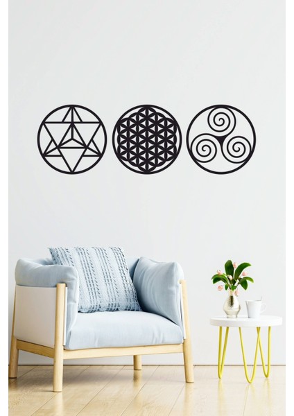 Kutsal Geometri 3'l Ü Set Merkaba, Yaşam Çiçeği ve Triskele Duvar Dekoru, Tablo