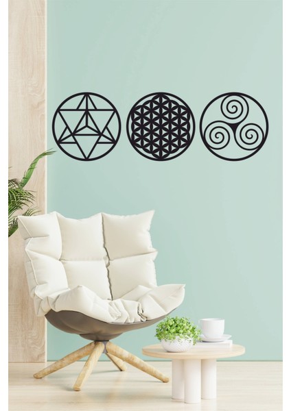 Kutsal Geometri 3'l Ü Set Merkaba, Yaşam Çiçeği ve Triskele Duvar Dekoru, Tablo fiyatları