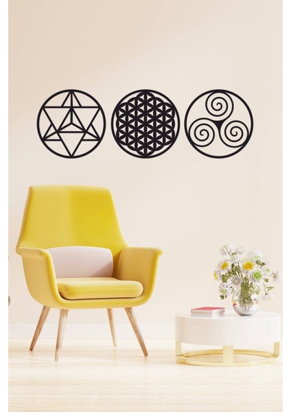 Kutsal Geometri 3'l Ü Set Merkaba, Yaşam Çiçeği ve Triskele Duvar Dekoru, Tablo modelleri