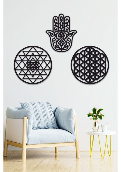 Ahşap Yaşam Çiçeği Sri Yantra ve Hamsa Bolluk Bereket Sembolleri Üçlü Dekoratif Tablo Duvar Süsü