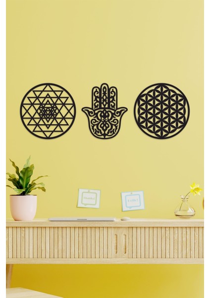 Ahşap Yaşam Çiçeği Sri Yantra ve Hamsa Bolluk Bereket Sembolleri Üçlü Dekoratif Tablo Duvar Süsü