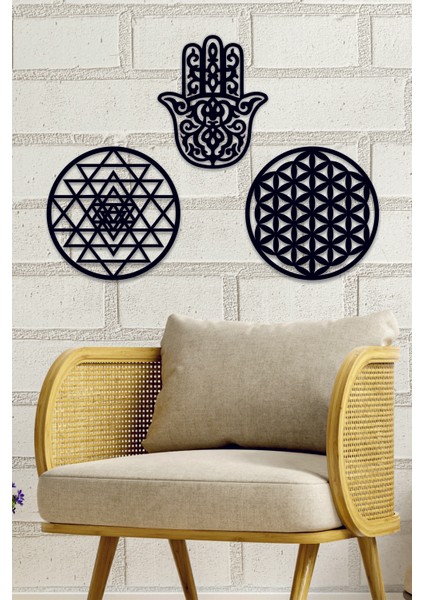 Ahşap Yaşam Çiçeği Sri Yantra ve Hamsa Bolluk Bereket Sembolleri Üçlü Dekoratif Tablo Duvar Süsü