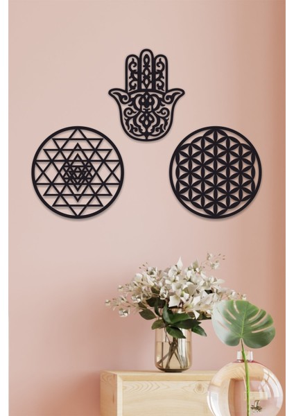 Ahşap Yaşam Çiçeği Sri Yantra ve Hamsa Bolluk Bereket Sembolleri Üçlü Dekoratif Tablo Duvar Süsü
