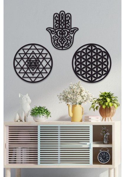 Ahşap Yaşam Çiçeği Sri Yantra ve Hamsa Bolluk Bereket Sembolleri Üçlü Dekoratif Tablo Duvar Süsü