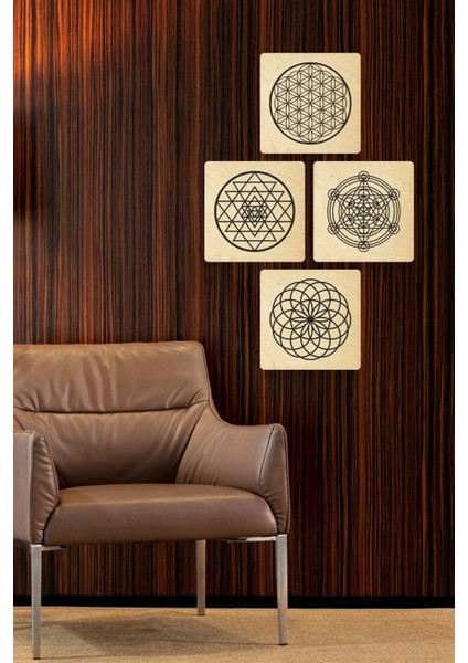 Kutsal Geometri Seti (Yaşam Çiçeği, Sri Yantra, Metatron, Torus) Uv Baskı Tablo