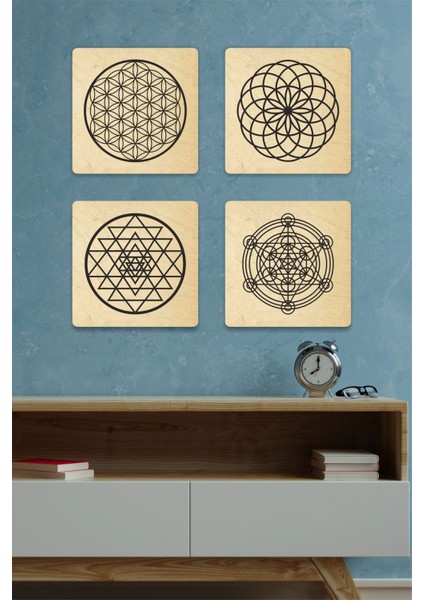 Kutsal Geometri Seti (Yaşam Çiçeği, Sri Yantra, Metatron, Torus) Uv Baskı Tablo