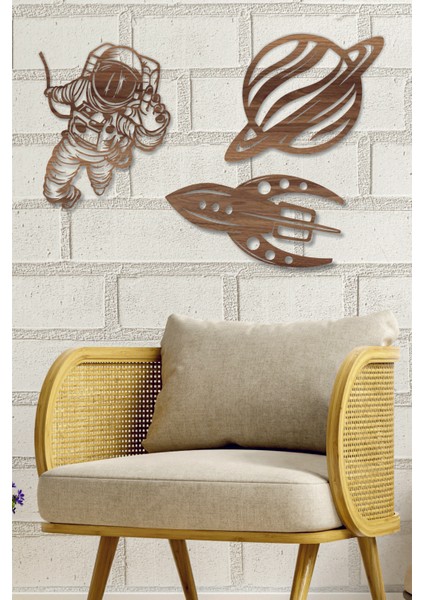 Astronot - Uzay Gemisi - Gezegen 3'lü Set Duvar Dekoru - Süsü, Ahşap Dekoratif Tablo