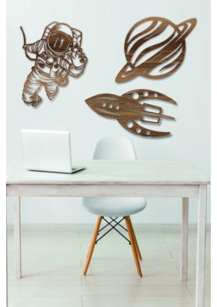 Astronot - Uzay Gemisi - Gezegen 3'lü Set Duvar Dekoru - Süsü, Ahşap Dekoratif Tablo fiyatları