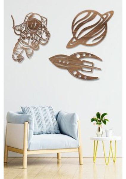 Astronot - Uzay Gemisi - Gezegen 3'lü Set Duvar Dekoru - Süsü, Ahşap Dekoratif Tablo modelleri