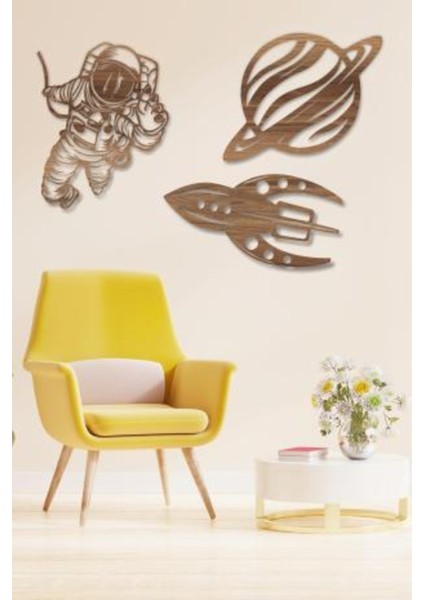 Astronot - Uzay Gemisi - Gezegen 3'lü Set Duvar Dekoru - Süsü, Ahşap Dekoratif Tablo fırsatları