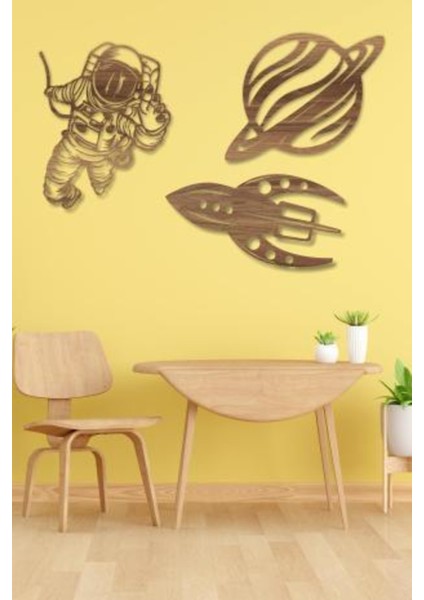 Astronot - Uzay Gemisi - Gezegen 3'lü Set Duvar Dekoru - Süsü, Ahşap Dekoratif Tablo indirimleri