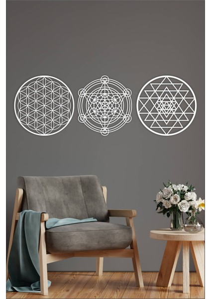 Beyaz 3'lü Yaşam Çiçeği, Sri Yantra ve Metatron 3'lü Set Duvar Tablosu