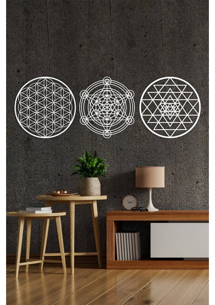 Beyaz 3'lü Yaşam Çiçeği, Sri Yantra ve Metatron 3'lü Set Duvar Tablosu fiyatları