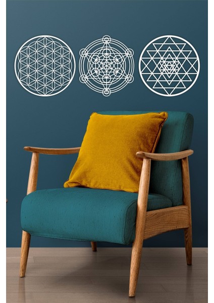 Beyaz 3'lü Yaşam Çiçeği, Sri Yantra ve Metatron 3'lü Set Duvar Tablosu modelleri