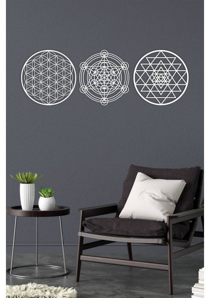 Beyaz 3'lü Yaşam Çiçeği, Sri Yantra ve Metatron 3'lü Set Duvar Tablosu fırsatları