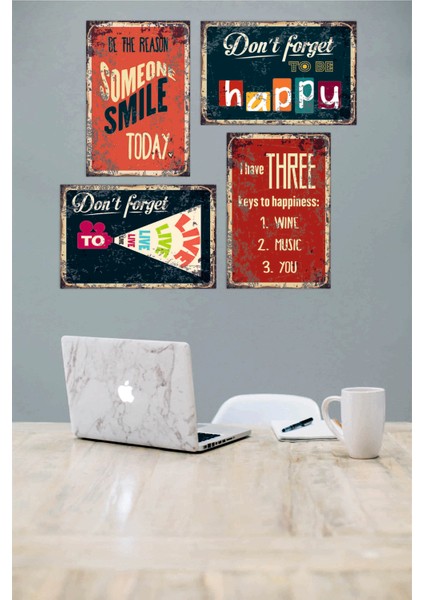 Renkli Baskı Retro / Vintage 4 Lü "happy" Tablo Seti