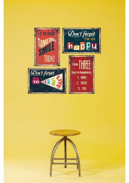 Renkli Baskı Retro / Vintage 4 Lü "happy" Tablo Seti