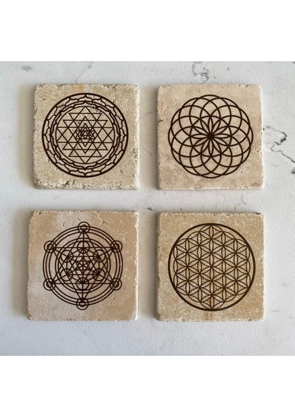 Taş Bardak Altlığı Stone Coasters - 4 Lü Set Yaşam Çiçeği, Lotus, Sri Yantra, Metatron