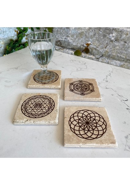 Taş Bardak Altlığı Stone Coasters - 4 Lü Set Yaşam Çiçeği, Lotus, Sri Yantra, Metatron fiyatları