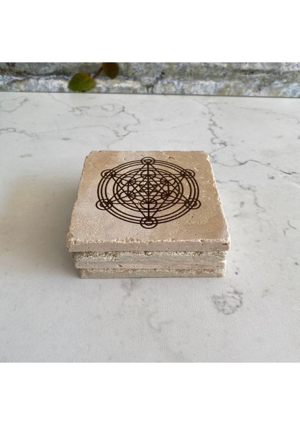 Taş Bardak Altlığı Stone Coasters - 4 Lü Set Yaşam Çiçeği, Lotus, Sri Yantra, Metatron modelleri