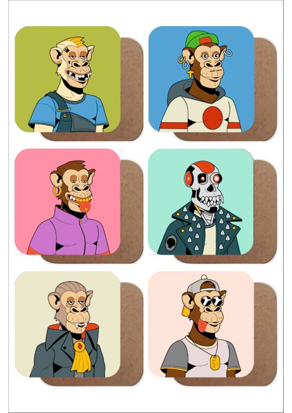 Sevimli Maymunlar Temalı 6'lı Ahşap Bardak Altlığı Seti