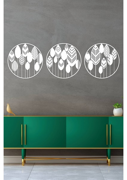 Yaprak Temalı Modern Dekoratif Ahşap 3'lü Tablo, Duvar Dekoru