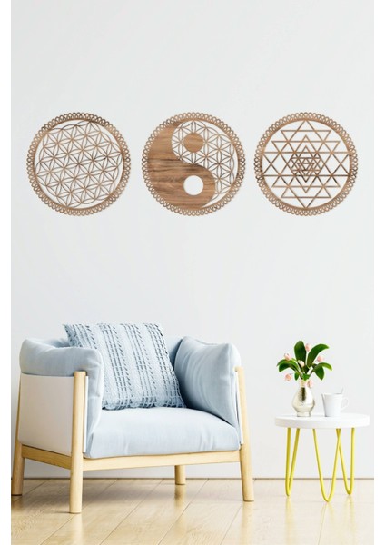 Yin Yang, Yaşam Çiçeğ ve Sri Yantra 3'lü Set Duvar Dekoru Tablo Seti