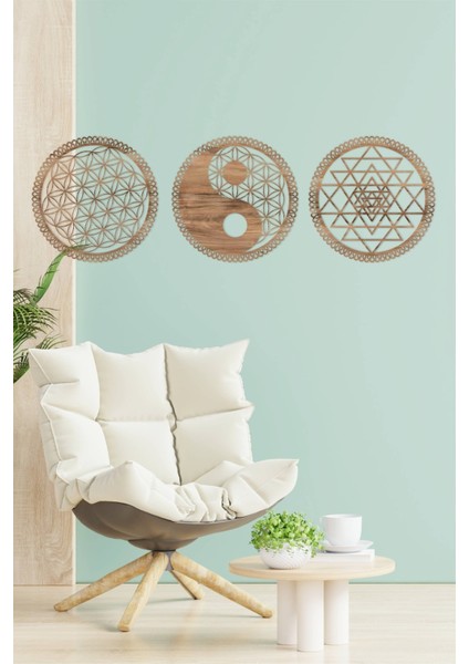 Yin Yang, Yaşam Çiçeğ ve Sri Yantra 3'lü Set Duvar Dekoru Tablo Seti